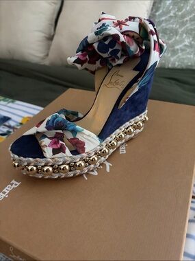 Christian Louboutin Navy Suede Floral Bead-Trim Wedge Sandals